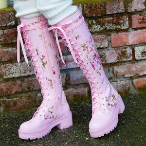 Sugar Thrillz floral lace knee high combat boots